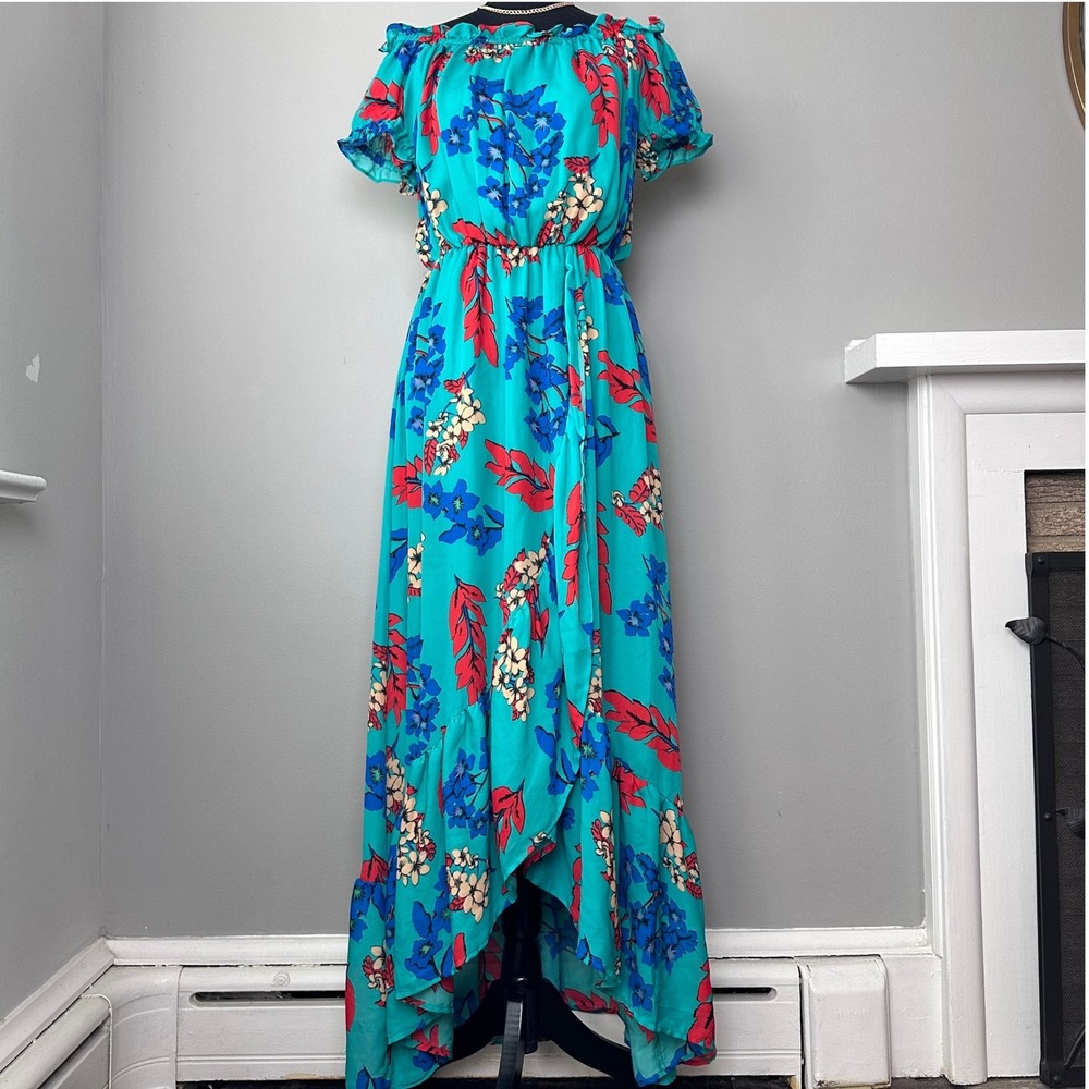 Belle Vere Maxi Dress Small Green Floral Print Off Shoulder Ruffle Trim Cottage‎